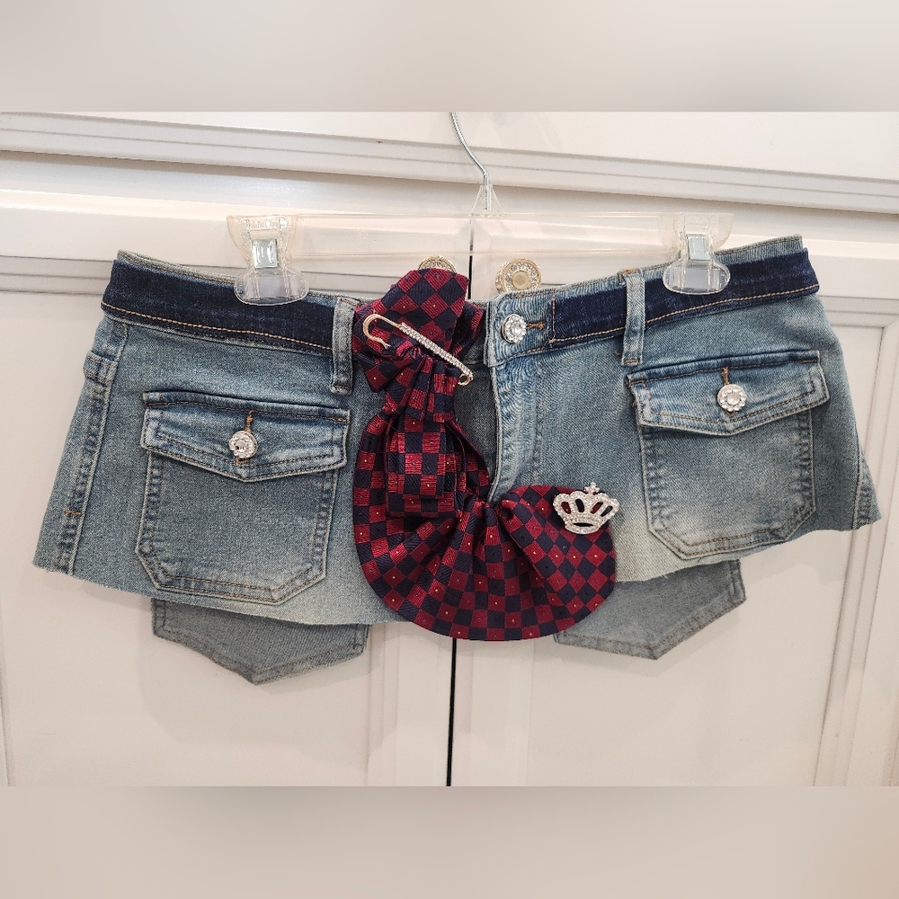 Decorative Denim Custom Made Belt with Red Checkered Accent Tie